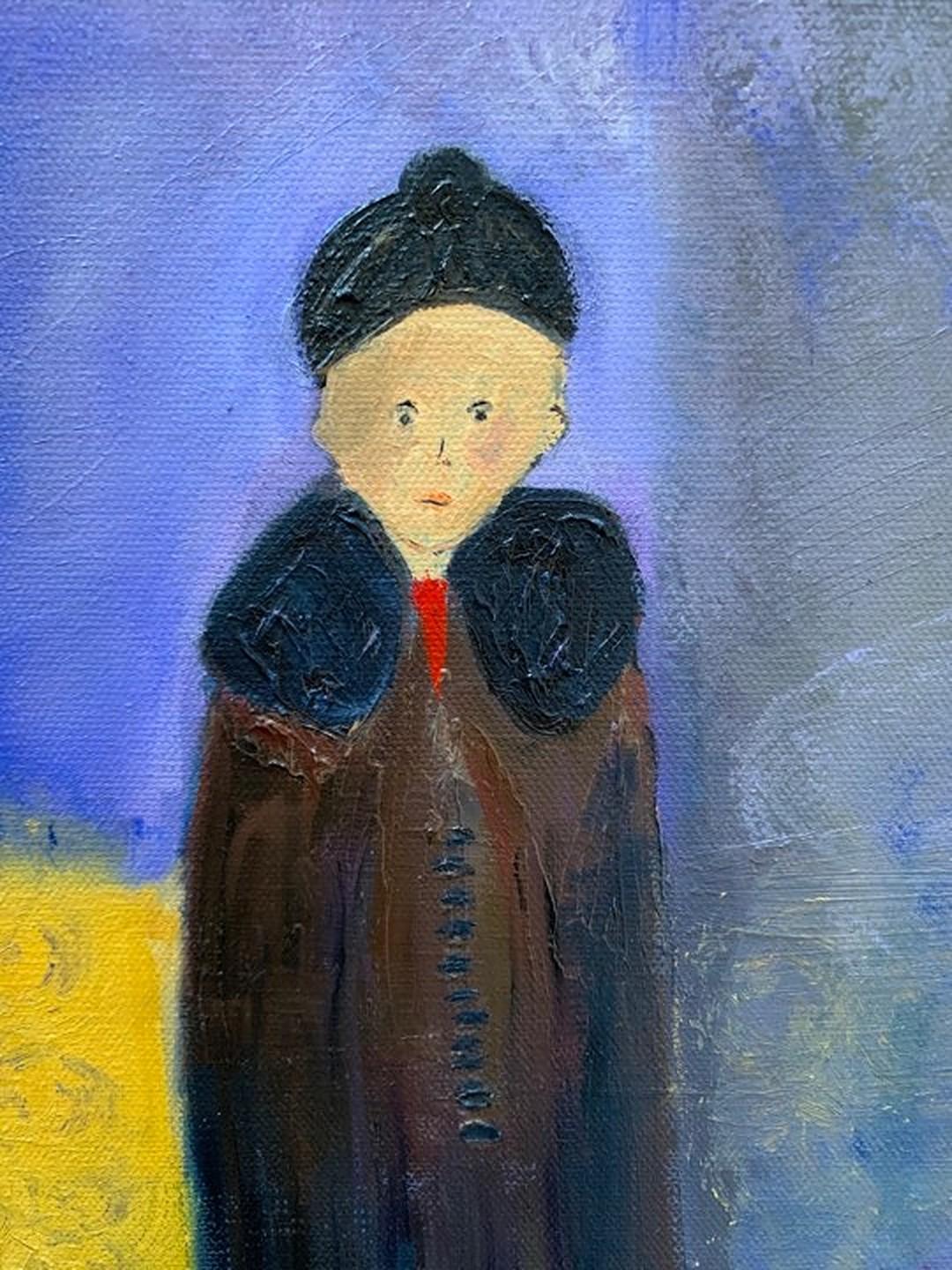 Ritratto olio su tela -- Ragazzo con cappotto marrone - Figurative Painting Viola di Tina Lincer