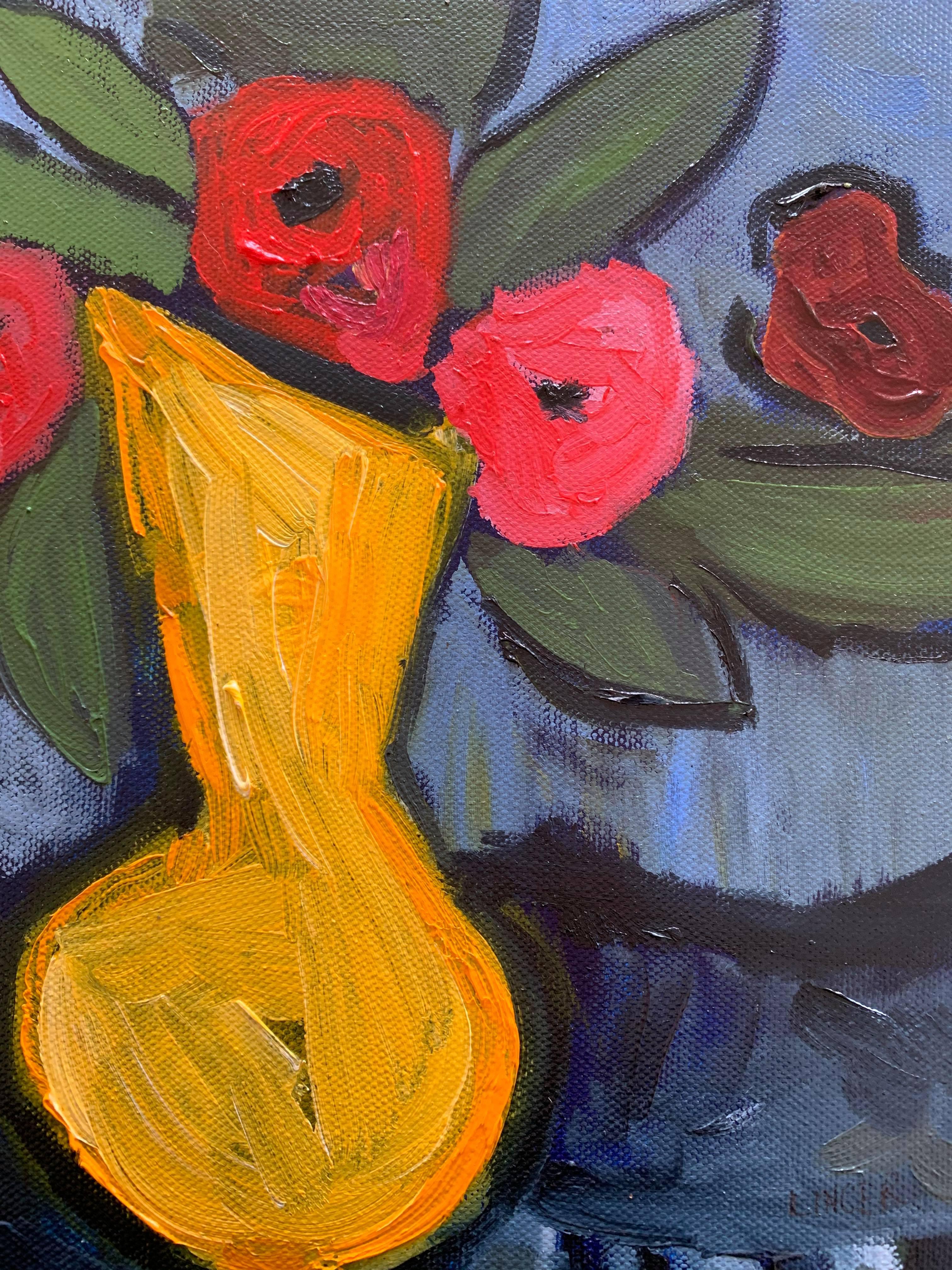 Oil on Canvas Still-life -- Yellow Vase - Painting by Tina Lincer