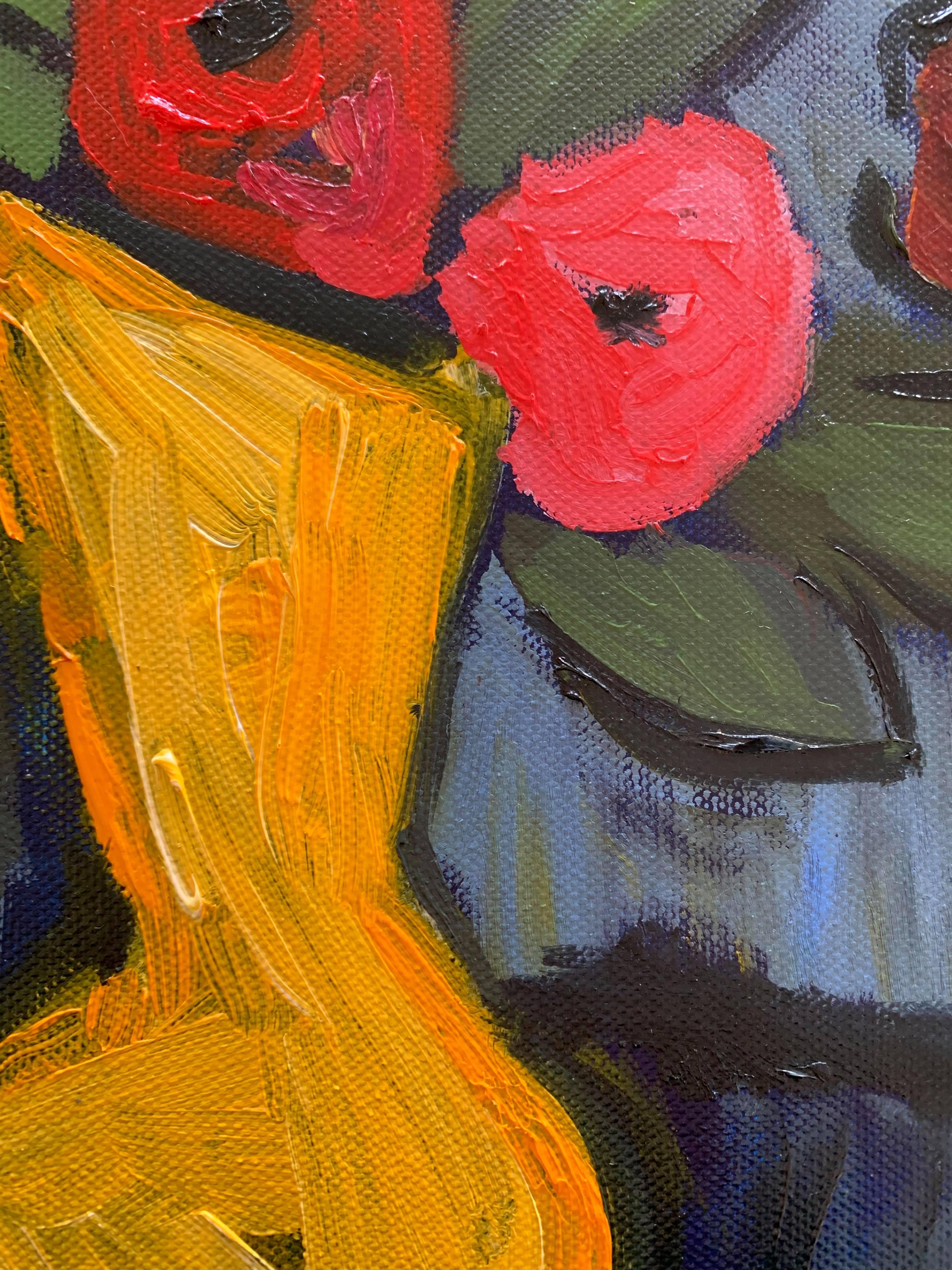 This oil on canvas painting is a still-life of a vase of flowers. The evident mark created by the brushstrokes is reminiscent of Cezanne and Impressionism. The vase is a striking lemon yellow, with alizarin and cadmium poppies in front of a navy