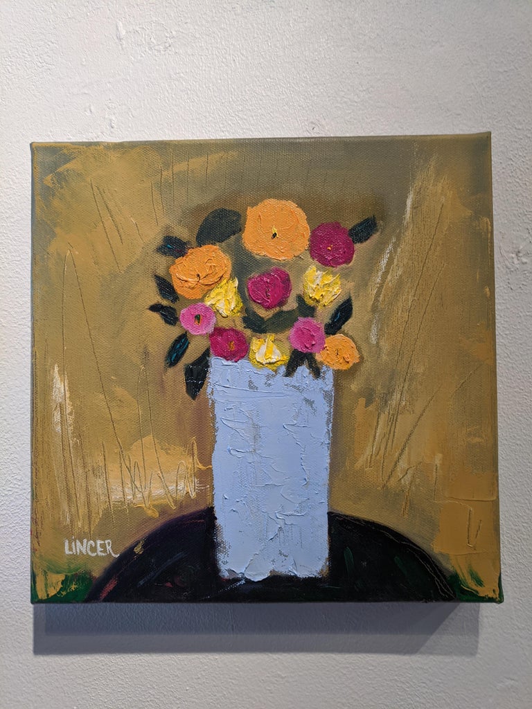 Tina Lincer Still-Life Painting - Oil Still-life on Canvas - Light Blue Vase