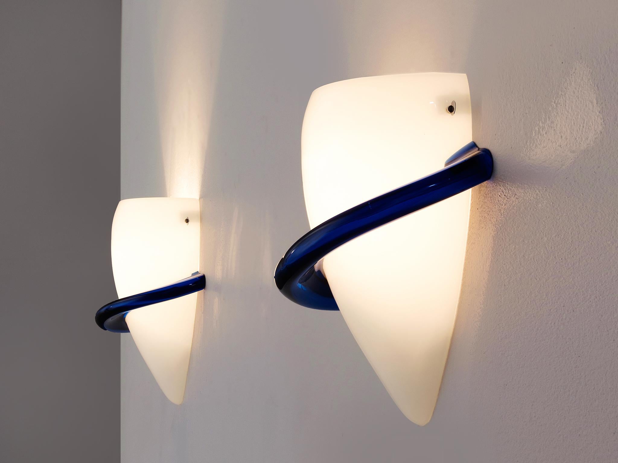Italian Tina Marie Aufiero for Venini Pair of White and Blue Glass Wall Lights