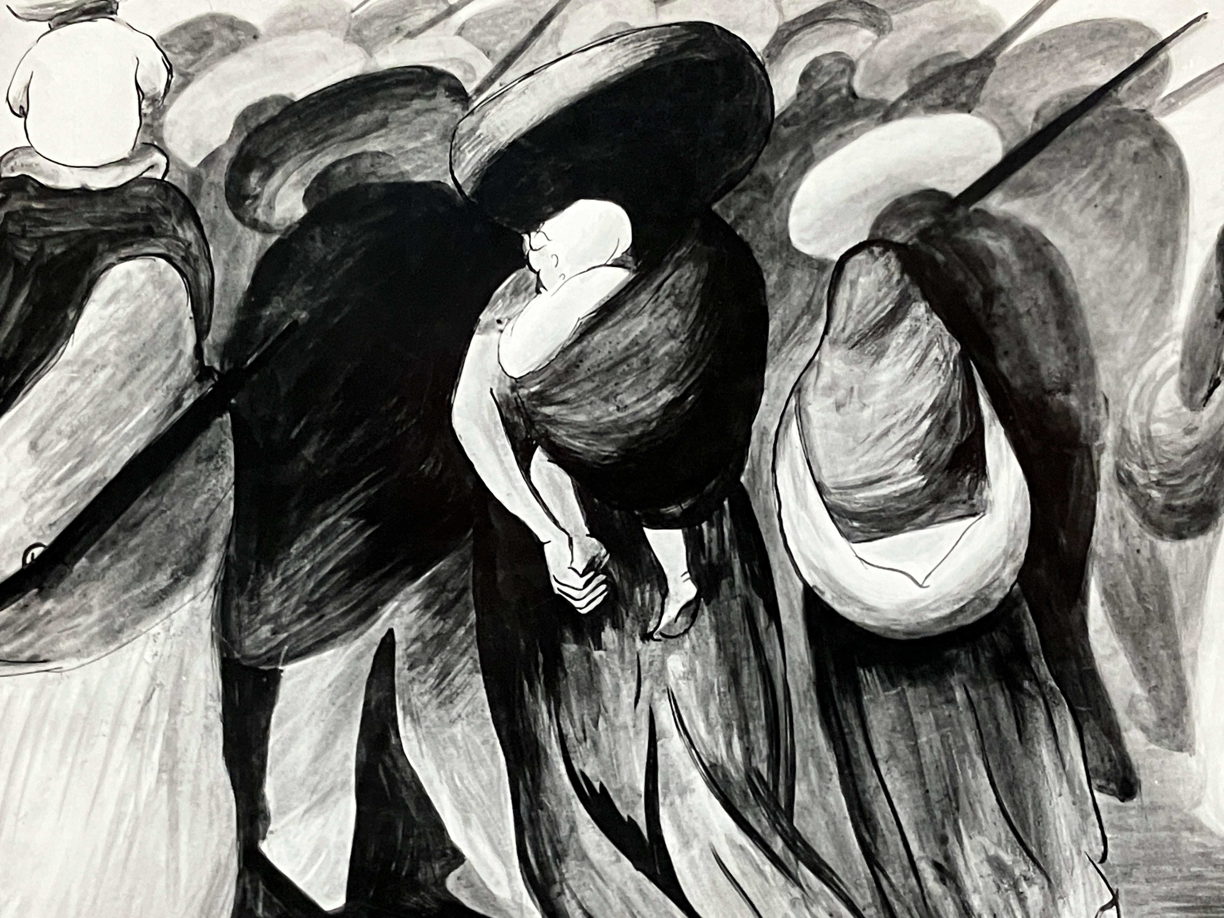 Ein Original-Silbergelatineabzug der Fotografin Tina Modotti aus den 1920er Jahren, der eine Zeichnung von Soldaten und Familien von Clemente Orozco zeigt.  Das Foto ist auf der Rückseite mit dem Stempel "Photographs-Tina Modotti Mexico, D.F."