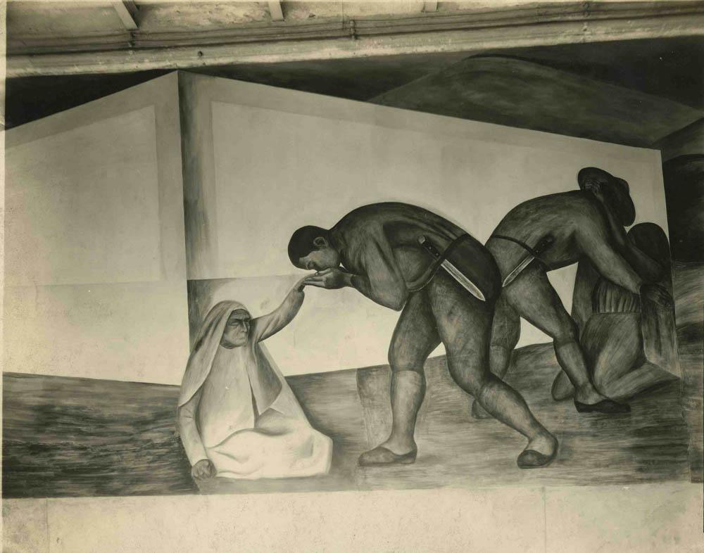 Original gelatin silver print by Photographer Tina Modotti of Mural-Preparatory School by Clemente Orozco. Photograph size is 7 & 7/8 x 9 & 7/8. 

Rivera's fresco depicts a veiled woman, extends her hand towards a laborer, depicting compassion. The