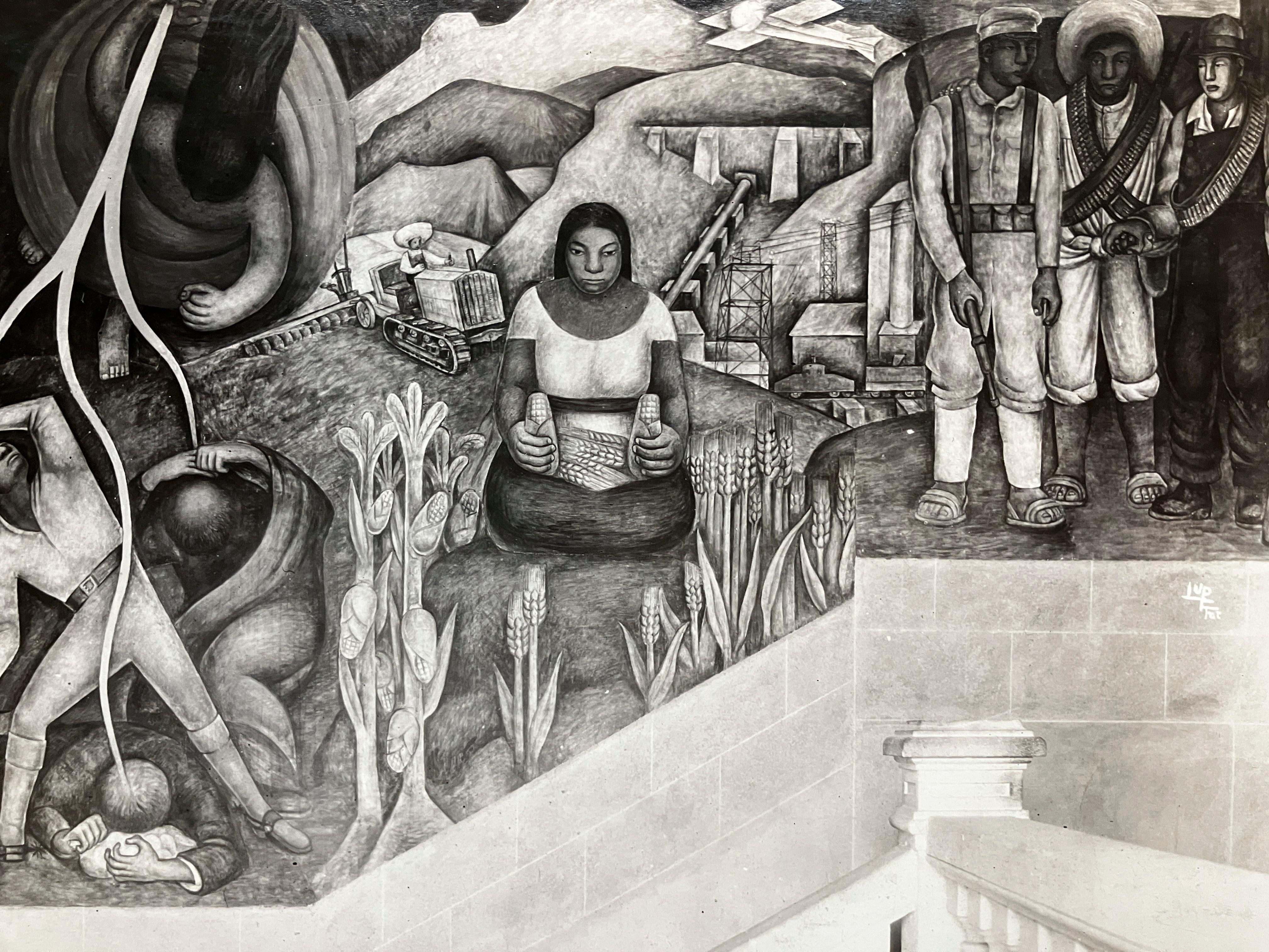 An original 1920s silver gelatin print by photographer Tina Modotti of the Diego Rivera mural  "Lightning Striking Down the Destructive forces in Society Mother Nature, Harmony Between Land Worker, City Worker and Soldier".  Archivally matted to 16”