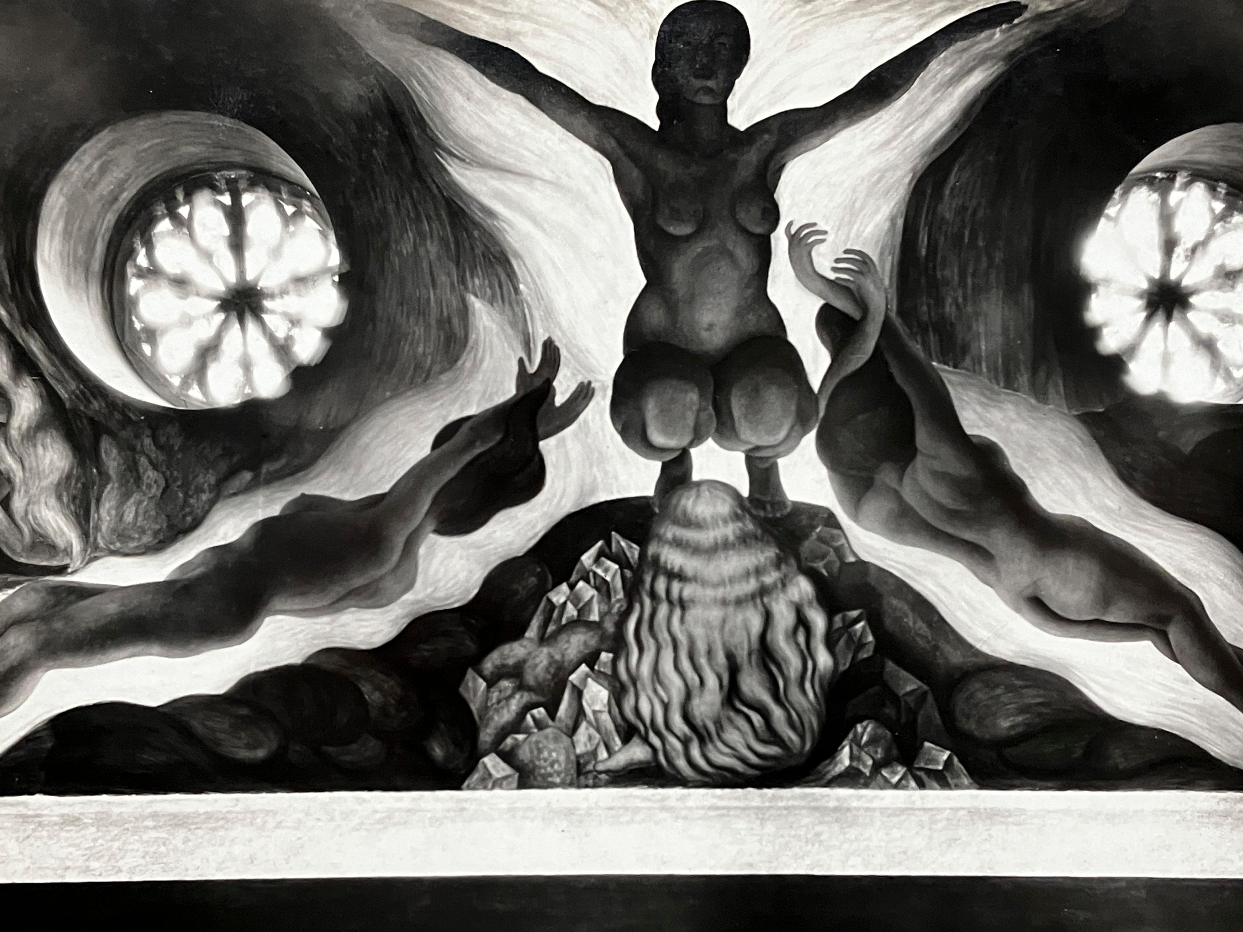 An original 1920s silver gelatin print by photographer Tina Modotti, showing a fresco, "The Spirit of Fire", in the Agricultural School-Chapingo, Mexico by artist Diego Rivera.  Photo is stamped “Photographs-Tina Modotti Mexico, D.F.” on reverse. 