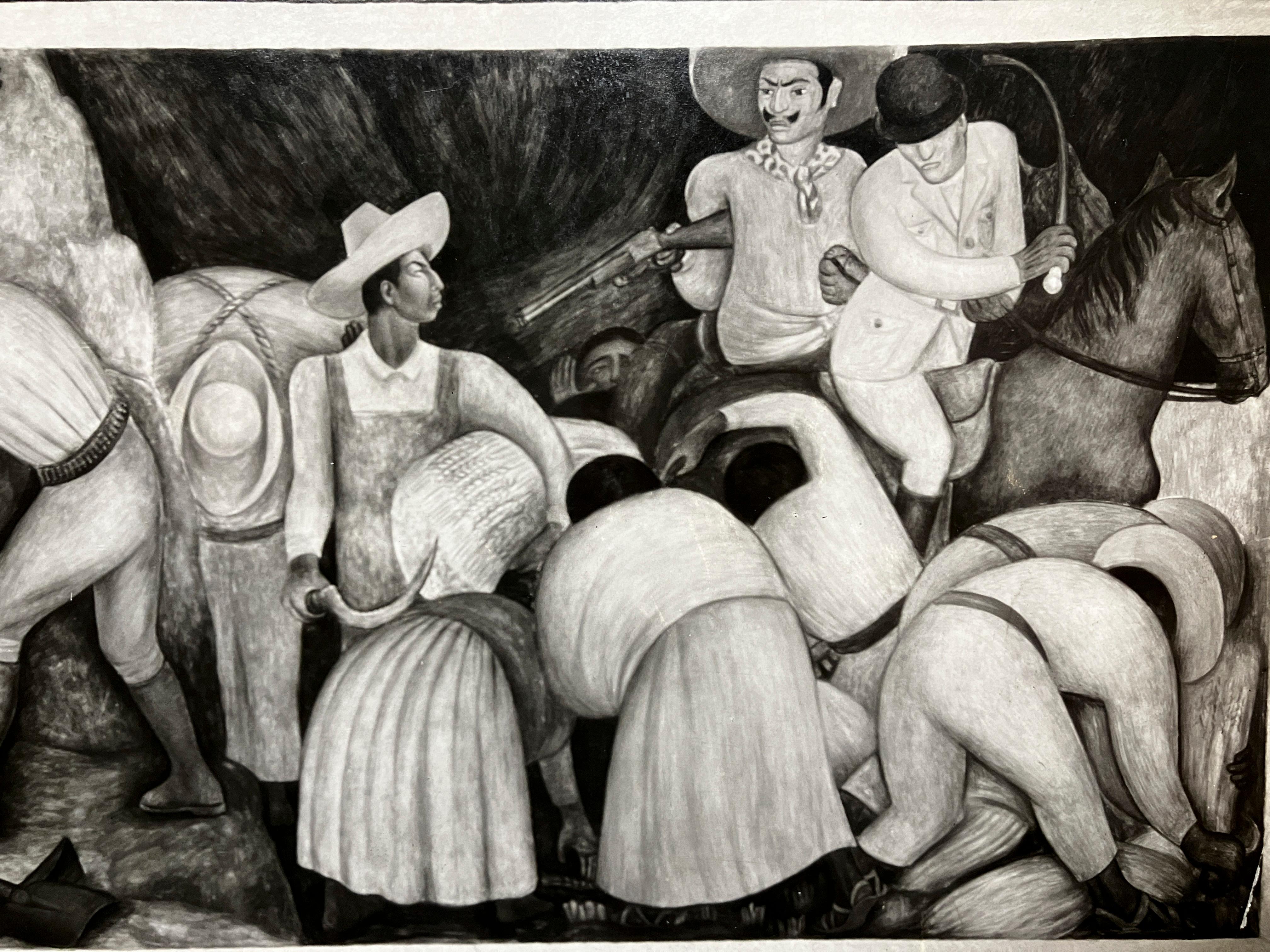 An original 1920s silver gelatin print by photographer Tina Modotti, showing a fresco in the Agricultural School-Chapingo, Mexico by artist Diego Rivera.  Photo is stamped “Photographs-Tina Modotti Mexico, D.F.” on reverse.  Archivally matted to 16”