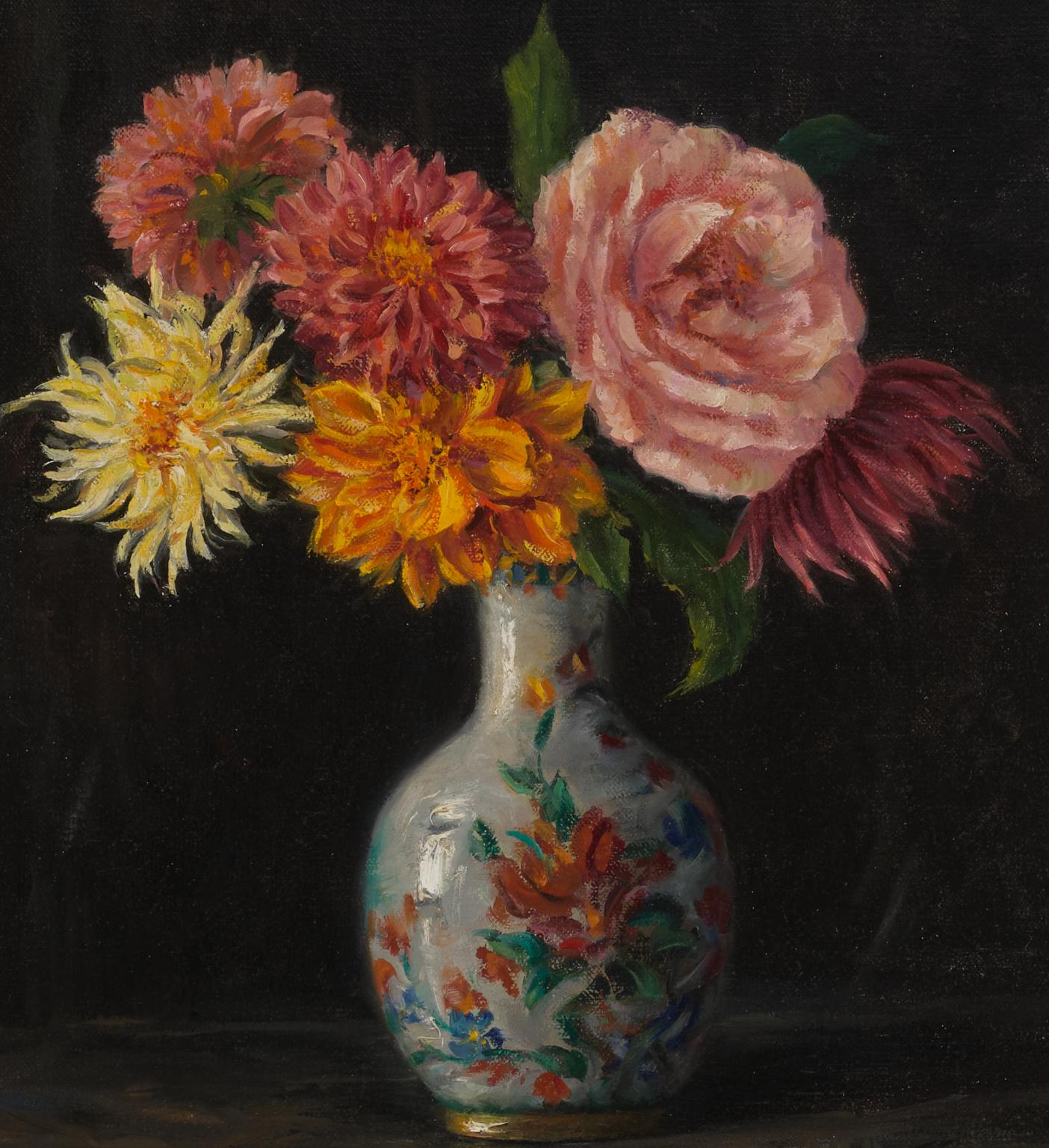 A Rose with Dahlias Oil on Panel  Floral Still-life Light and Shadow  16