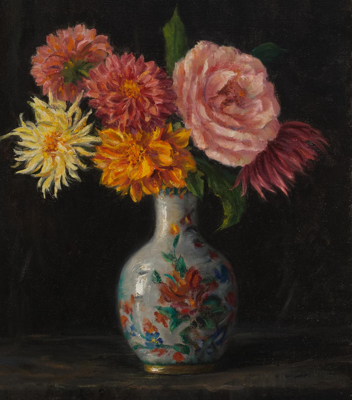 A Rose with Dahlias Oil on Panel  Floral Still-life Light and Shadow  16