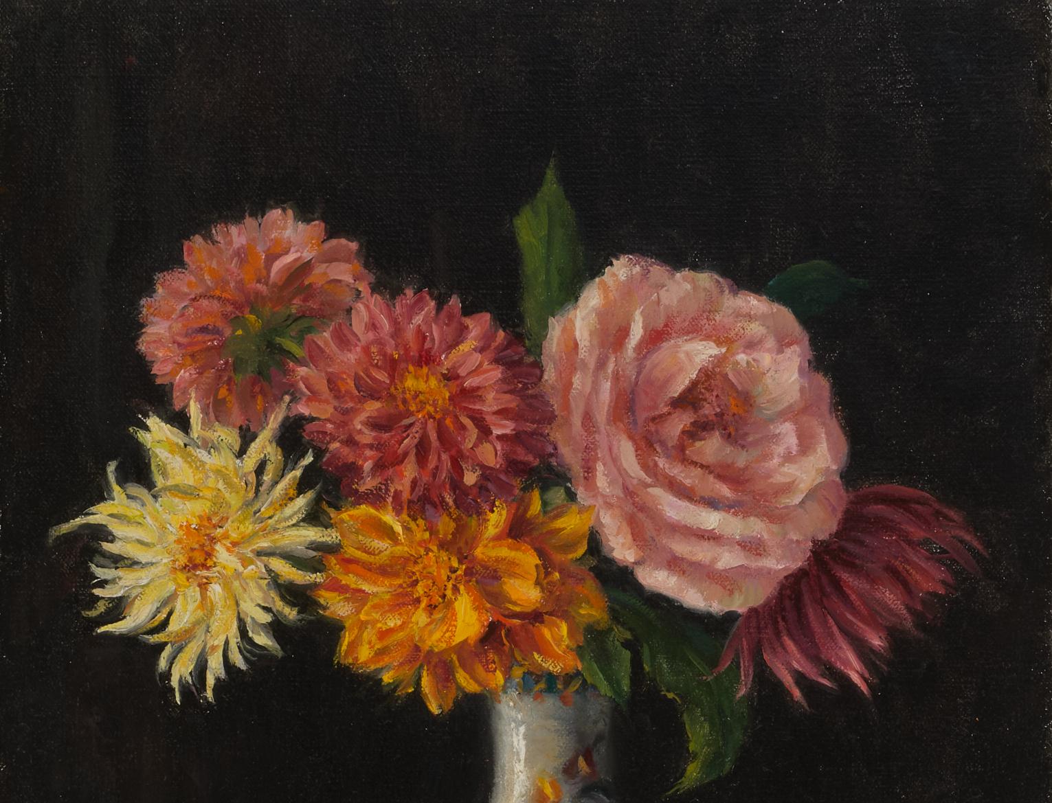 A Rose with Dahlias Oil on Panel  Floral Still-life Light and Shadow  16