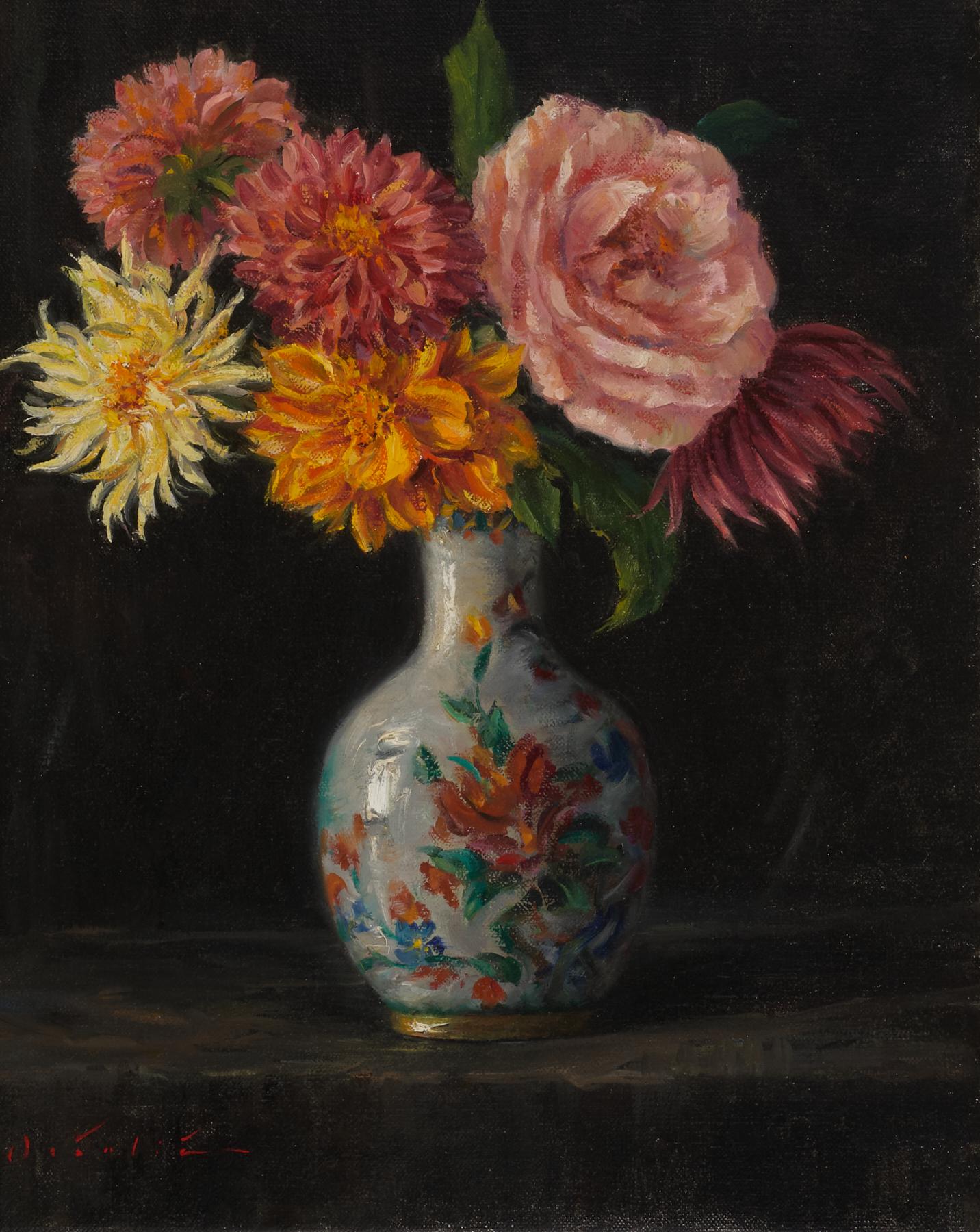 A Rose with Dahlias Oil on Panel  Floral Still-life Light and Shadow  16