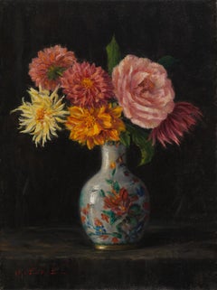 Una rosa con dalias Óleo sobre tabla  Bodegón floral Luz y sombra  16" x 12"
