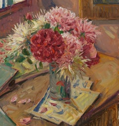 Dahlias and Roses Oil on Panel  Floral Still-life  Light and Shadow  14" x 10"