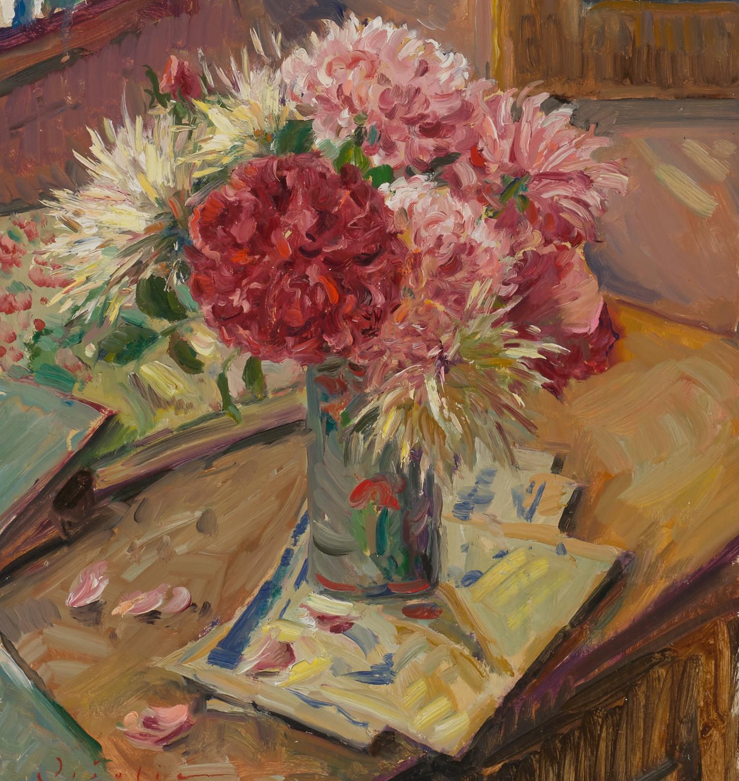 Dalias y rosas Óleo sobre tabla  Naturaleza muerta floral  Luz y sombra  14