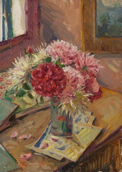 Dalias y rosas Óleo sobre tabla  Naturaleza muerta floral  Luz y sombra  14" x 10"