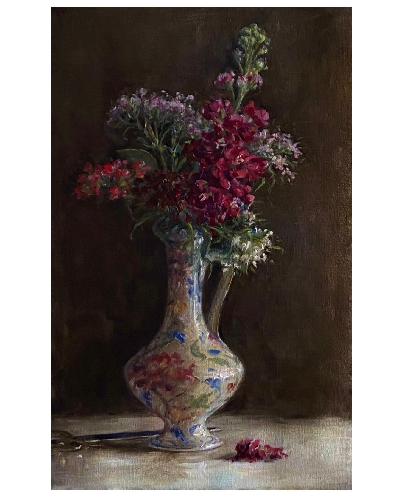 Orquídeas, Óleo, Artista europeo, Naturaleza muerta floral, Academia de Florencia, Croacia, - Still-Life Painting Negro de Tina Orsolic Dalessio 