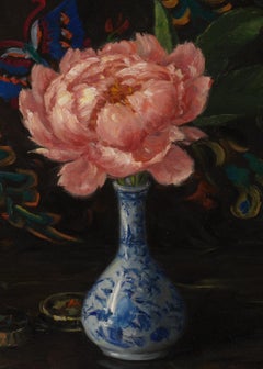 Rosa Pfingstrose Öl auf Platte Blumenstillleben in einer Vase Licht und Schatten 14" x 10"