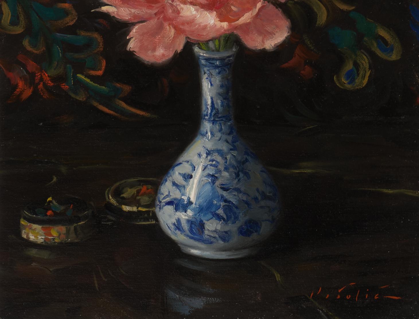 Peonía rosa es una pintura al óleo sobre tabla de 14