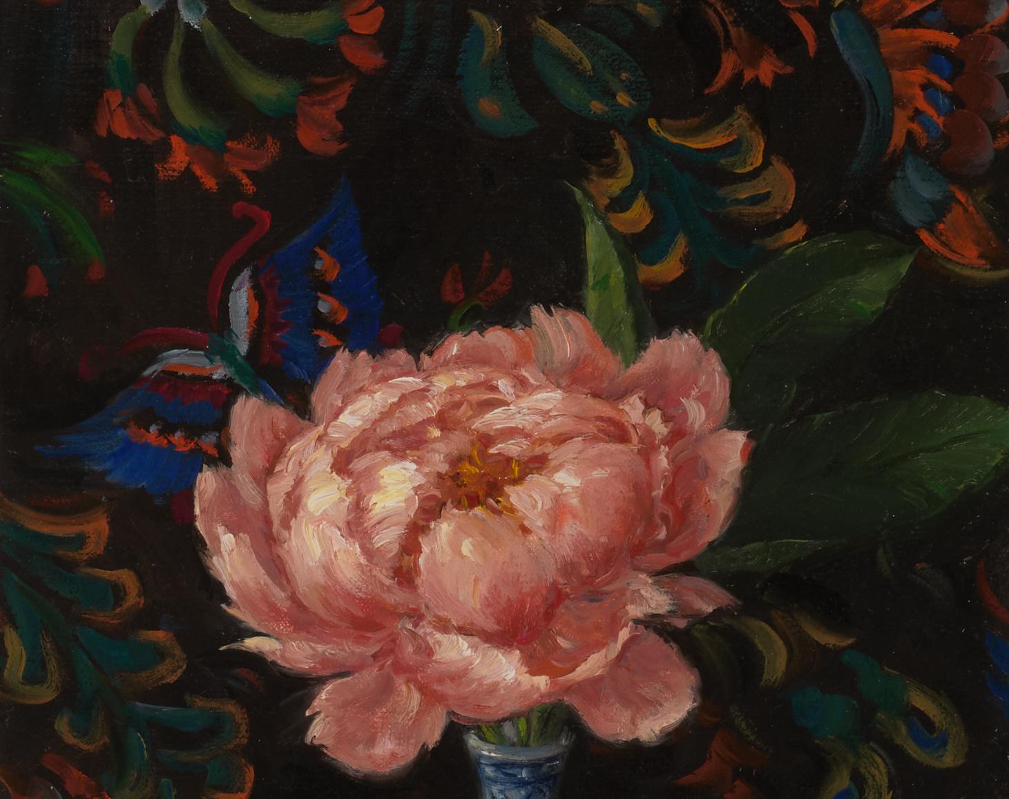 Peonía rosa Óleo sobre tabla  Bodegón floral en un jarrón  Luz y sombra 14