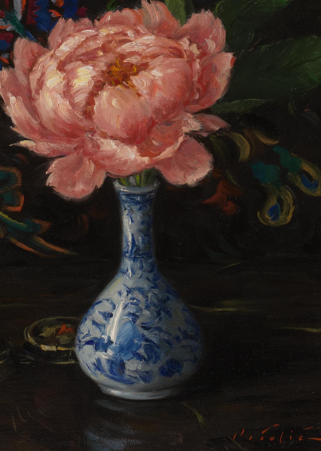 Peonía rosa Óleo sobre tabla  Bodegón floral en un jarrón  Luz y sombra 14