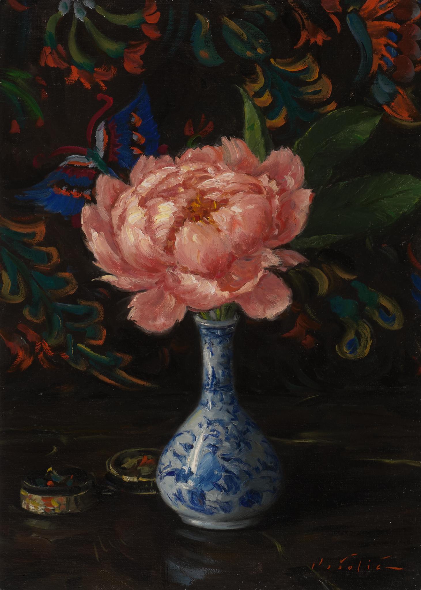 Peonía rosa Óleo sobre tabla  Bodegón floral en un jarrón  Luz y sombra 14" x 10" - Painting de Tina Orsolic Dalessio 