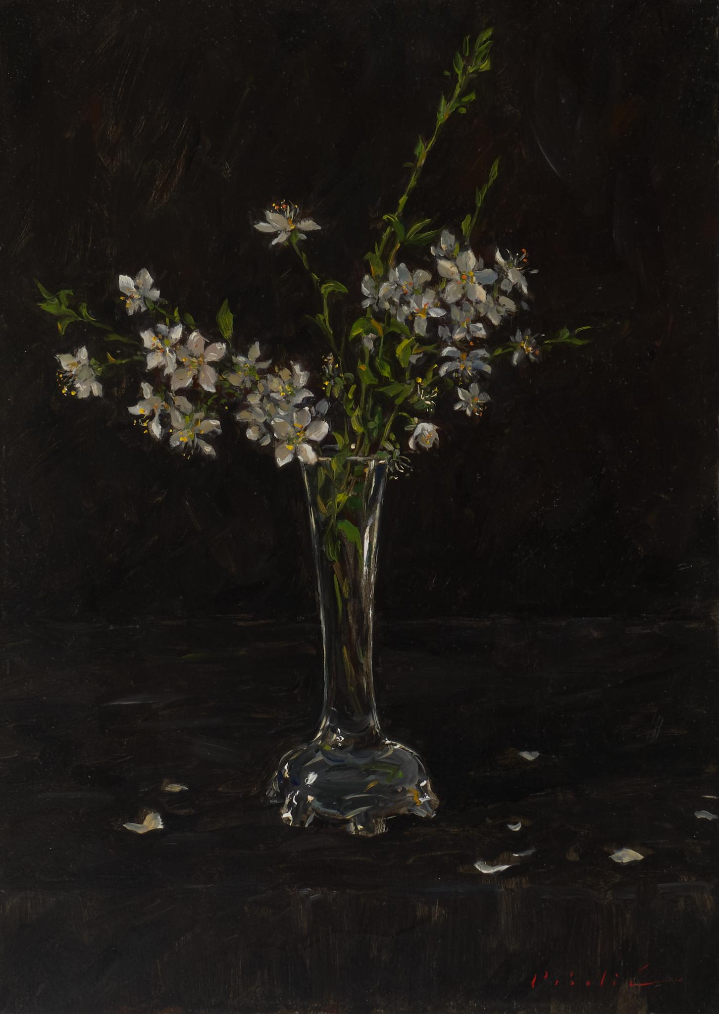 Schlehenblüten  Öl auf Platte  Blumenstillleben in einer Vase   14" x 10" – Painting von Tina Orsolic Dalessio 