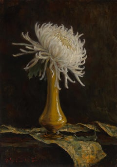 White Chrysanthemum  Oil on Panel  Floral Still-life in a vase   14" x 10"