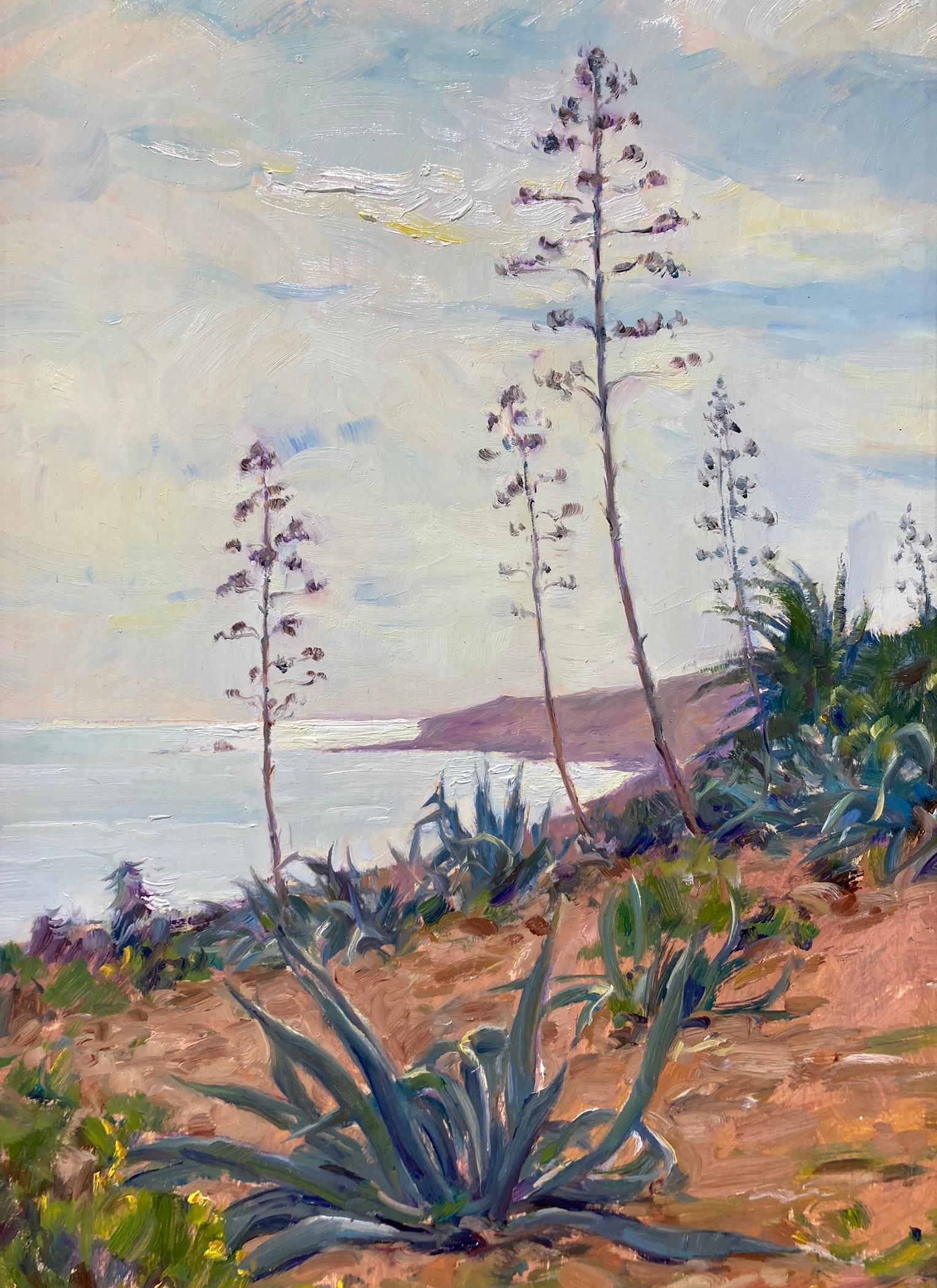 "Agave Blossom, Luz" - contemporary plein air oil painting, seaside flora plants