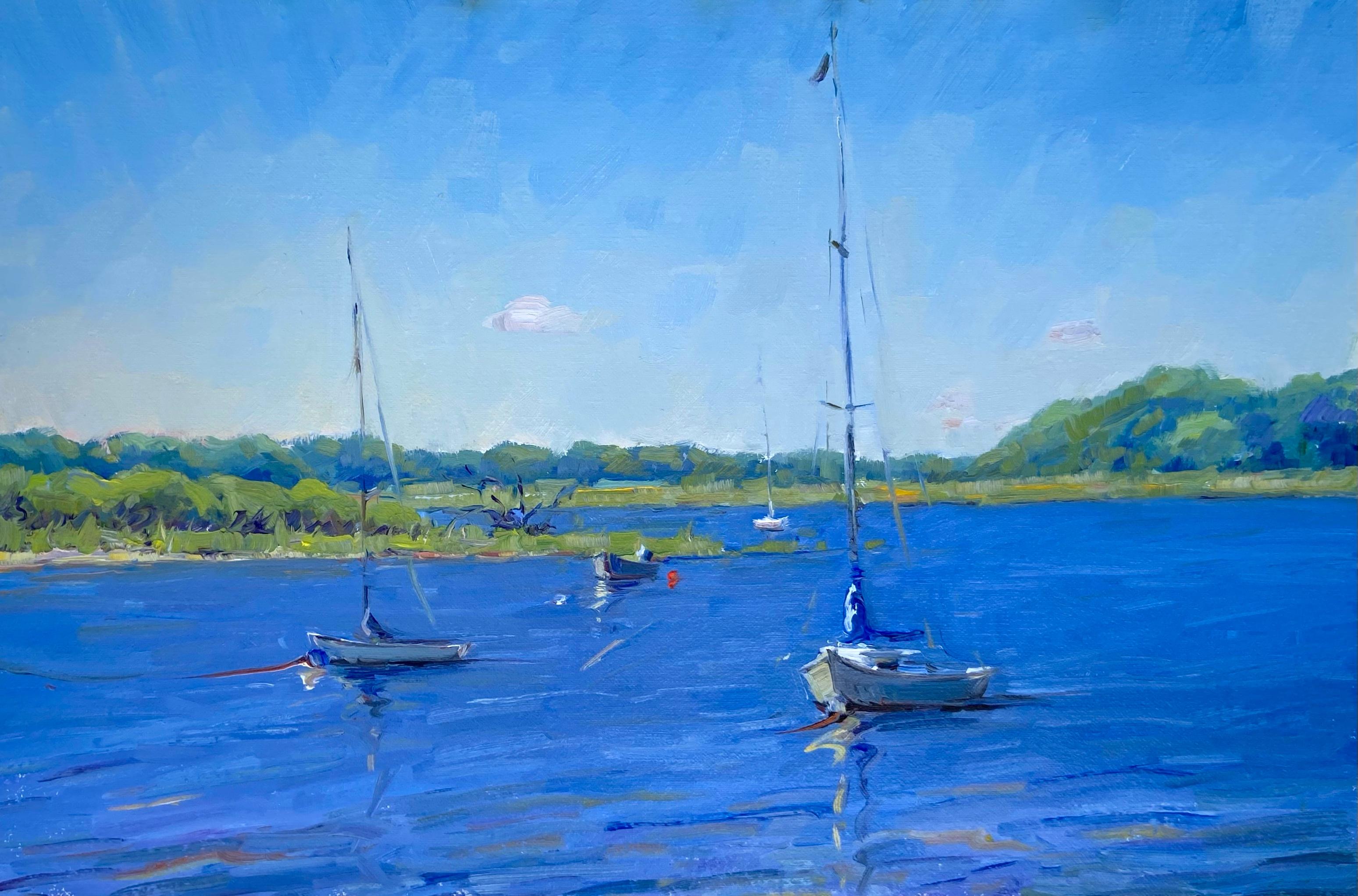 "Boats on Accabonac Harbor" - oil painting, Hamptons summer scene, bright blues - Art by Tina Orsolic Dalessio