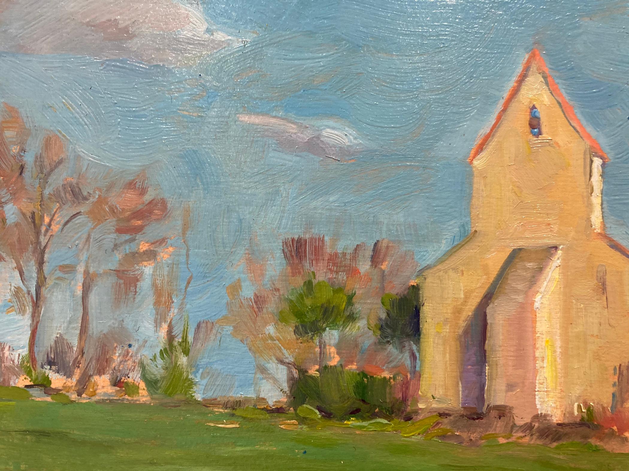 Orsolic Dalessio's sky seems to dance in this plein air painting. A line of healthy trees and foliage is interrupted by a tall church, and continue again on the other side with a different species of flora. The interplay of nature and architecture