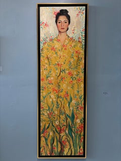 "Crisalide" dipinto a olio, autoritratto, il realismo incontra l'art nouveau, flora gialla