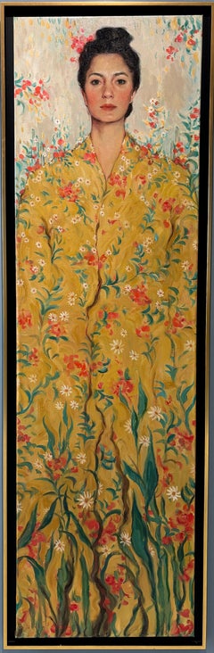 "Crisálida" pintura al óleo, autorretrato, el realismo se une al art nouveau, flora amarilla