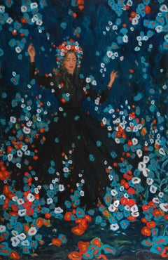 "Clair de Lune" Óleo, figura en el espacio con flora azul y roja emanando