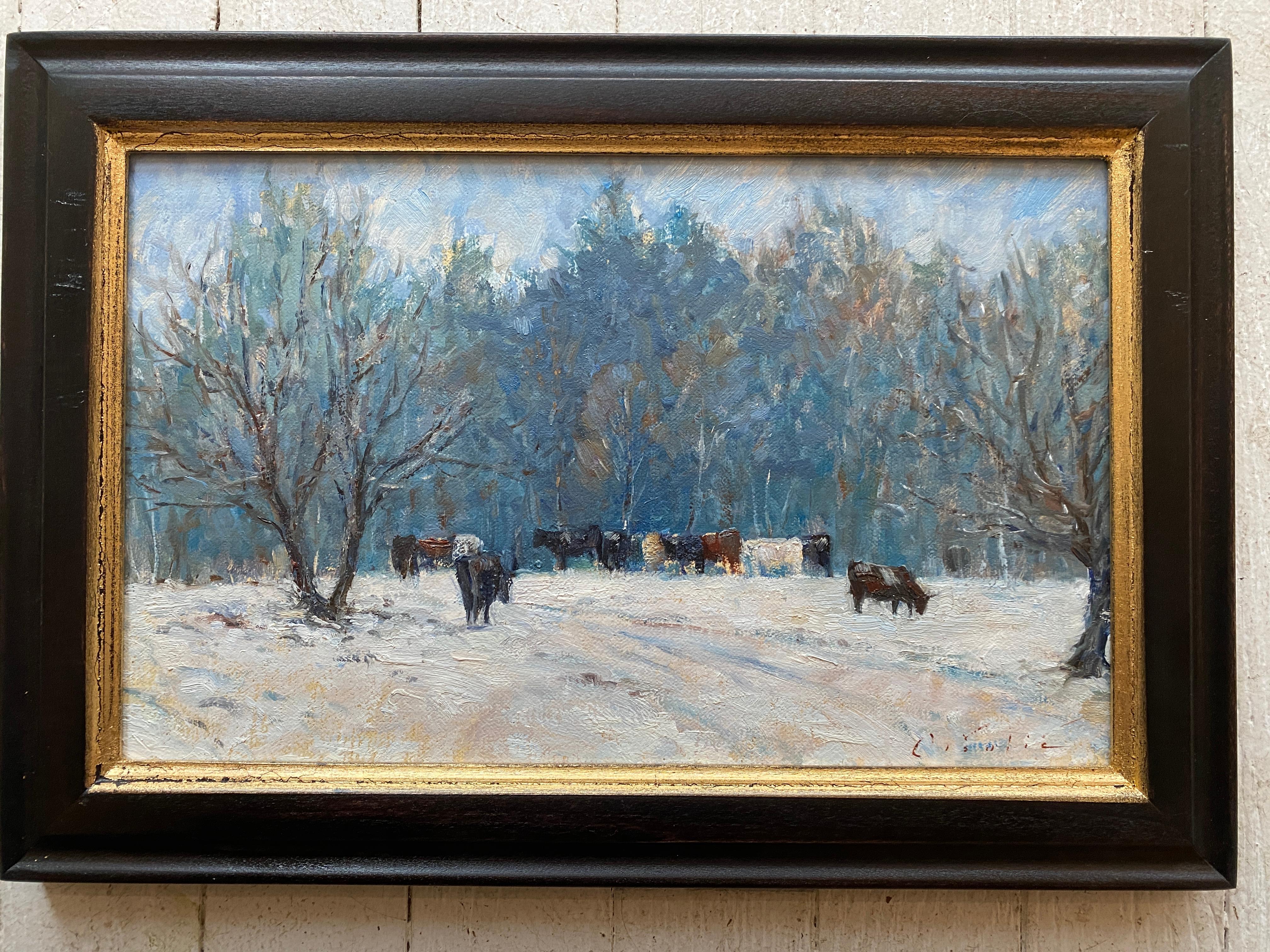 Cows in the Snow, Vermont - Painting by Tina Orsolic Dalessio