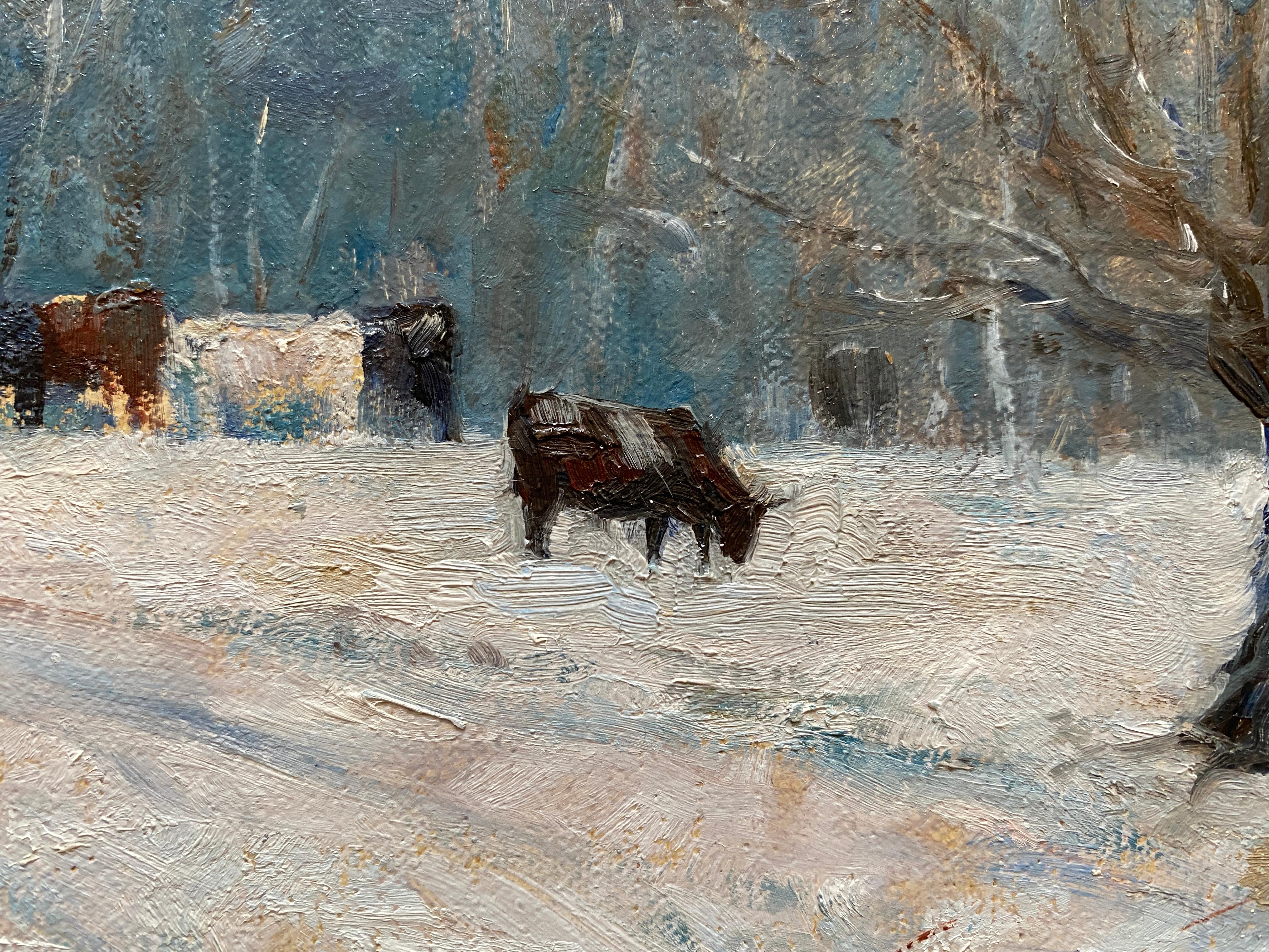 Cows in the Snow, Vermont - Impressionist Painting by Tina Orsolic Dalessio