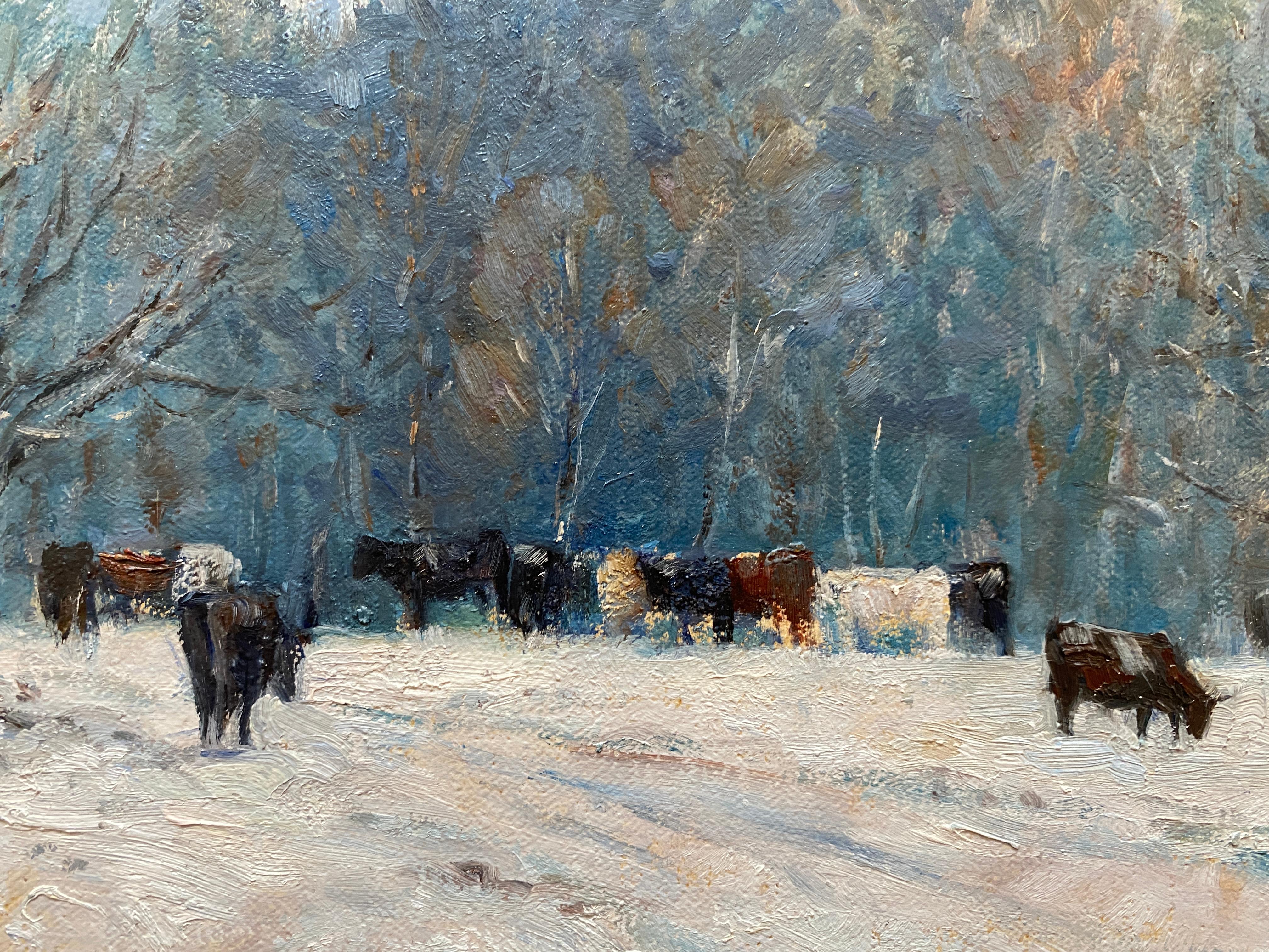 Cows in the Snow, Vermont - Gray Animal Painting by Tina Orsolic Dalessio