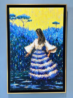"Dance" oil painting of woman in silk dress, blue, white, yellow, bonsai trees