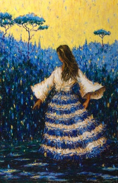 "Danza" dipinto a olio di donna in abito di seta, blu, bianco, giallo, bonsai