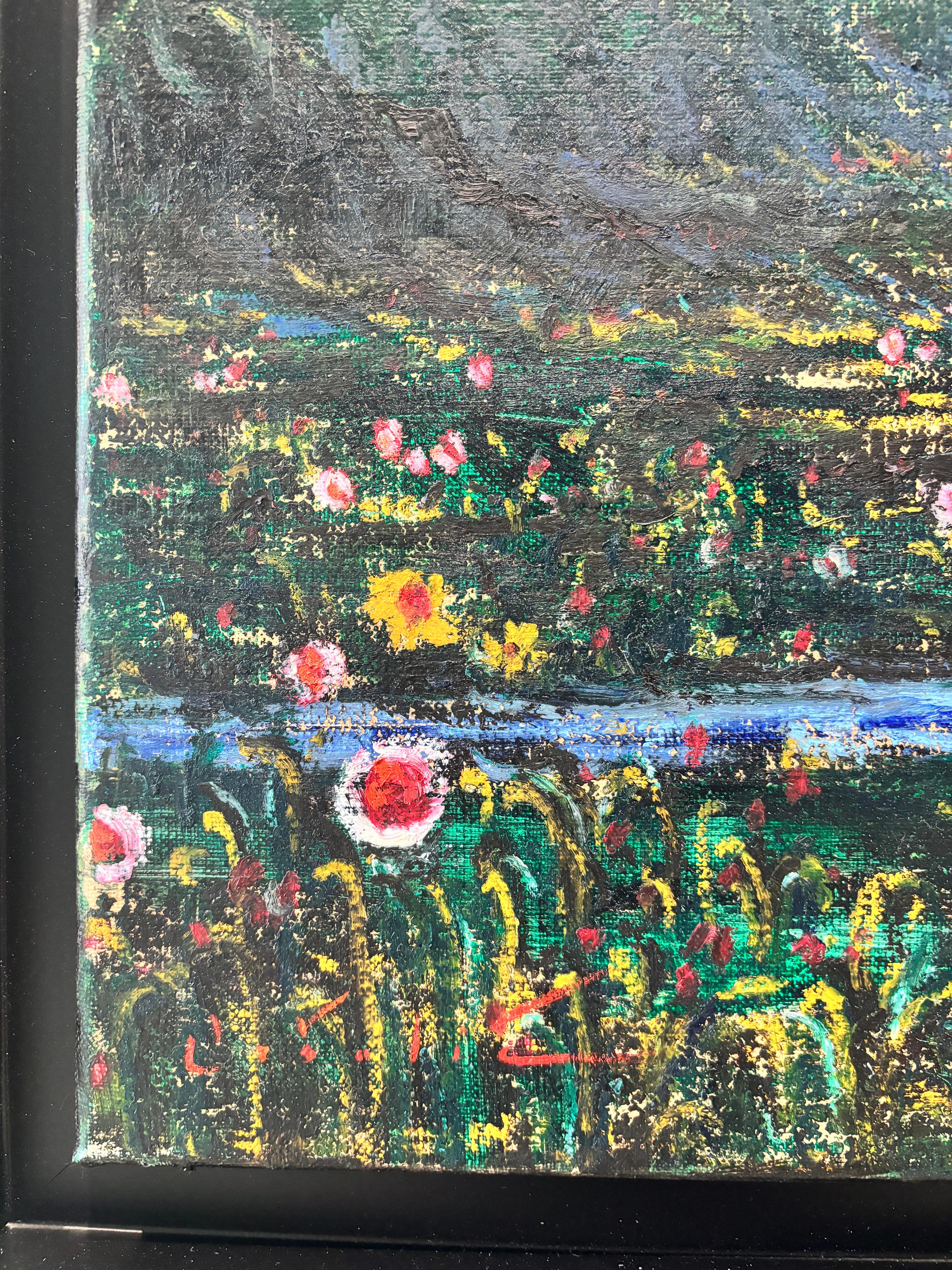 „Dawn“, Öl auf Leinwand, figuratives Gemälde, gesprenkelte See- und Berglandschaft im Angebot 5