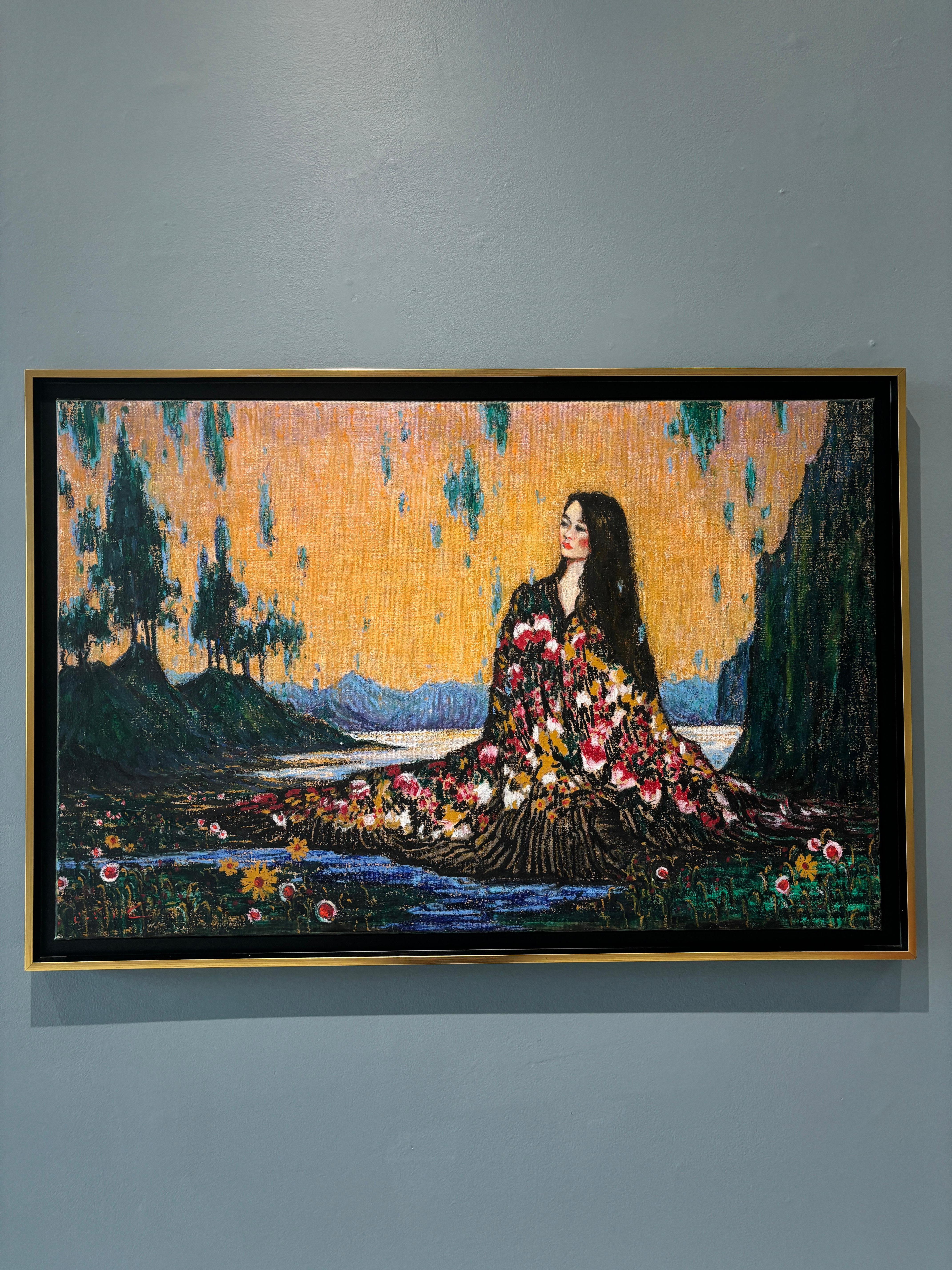 „Dawn“, Öl auf Leinwand, figuratives Gemälde, gesprenkelte See- und Berglandschaft – Painting von Tina Orsolic Dalessio