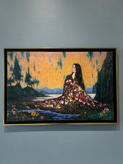 "Dawn" oil on canvas figurative painting, stippled lake and mountain landscape