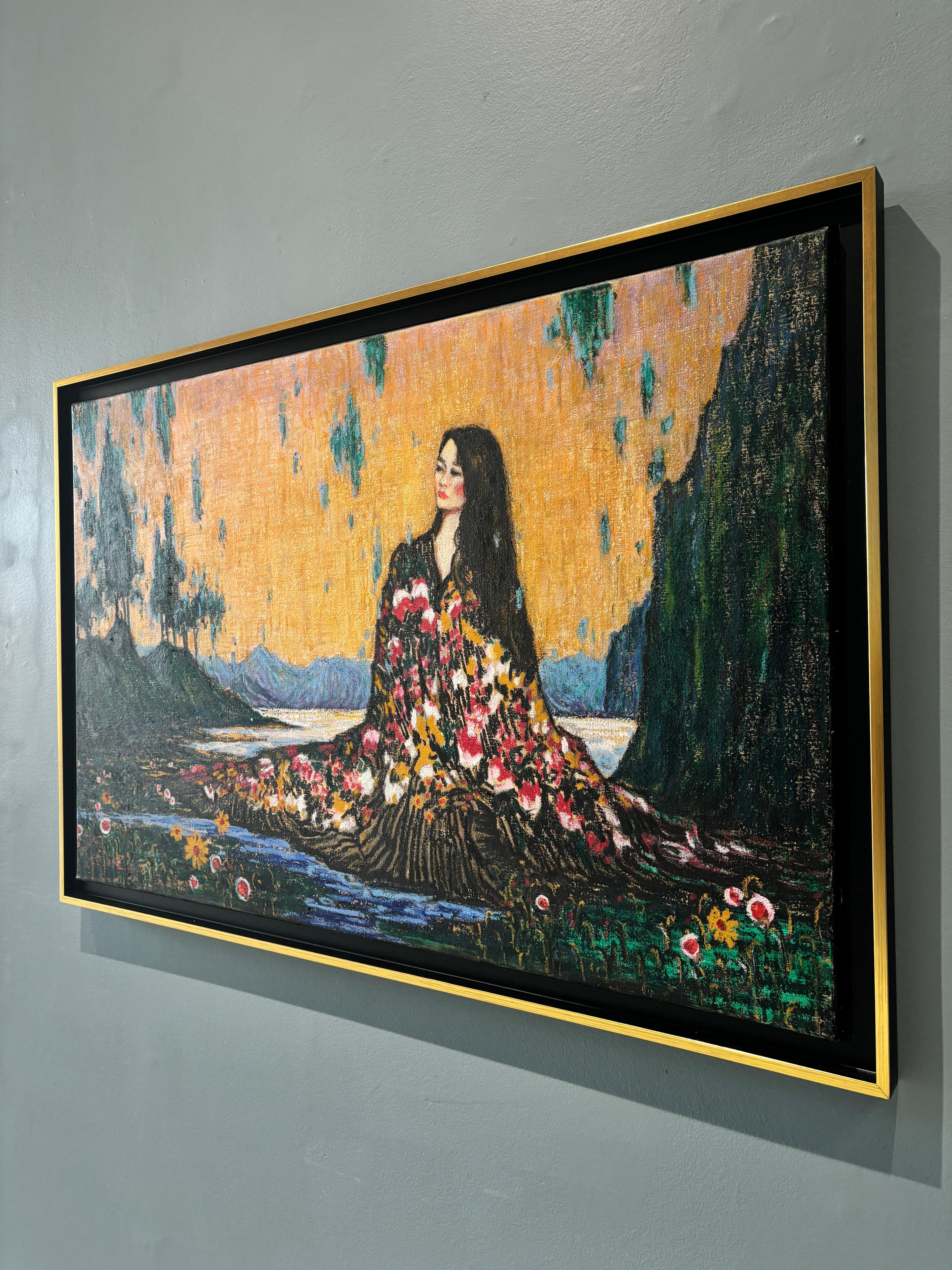 „Dawn“, Öl auf Leinwand, figuratives Gemälde, gesprenkelte See- und Berglandschaft (Schwarz), Portrait Painting, von Tina Orsolic Dalessio