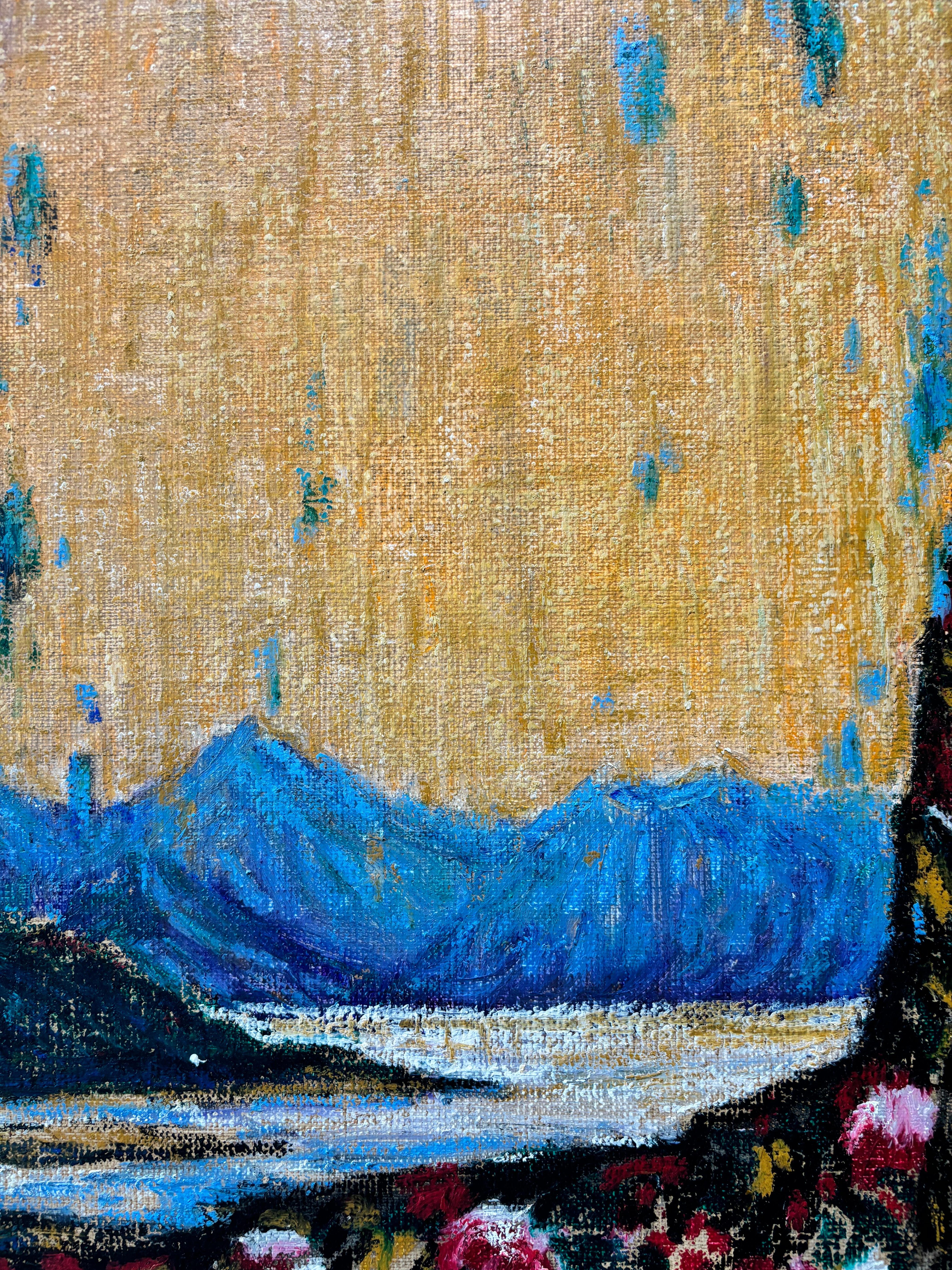 „Dawn“, Öl auf Leinwand, figuratives Gemälde, gesprenkelte See- und Berglandschaft im Angebot 1