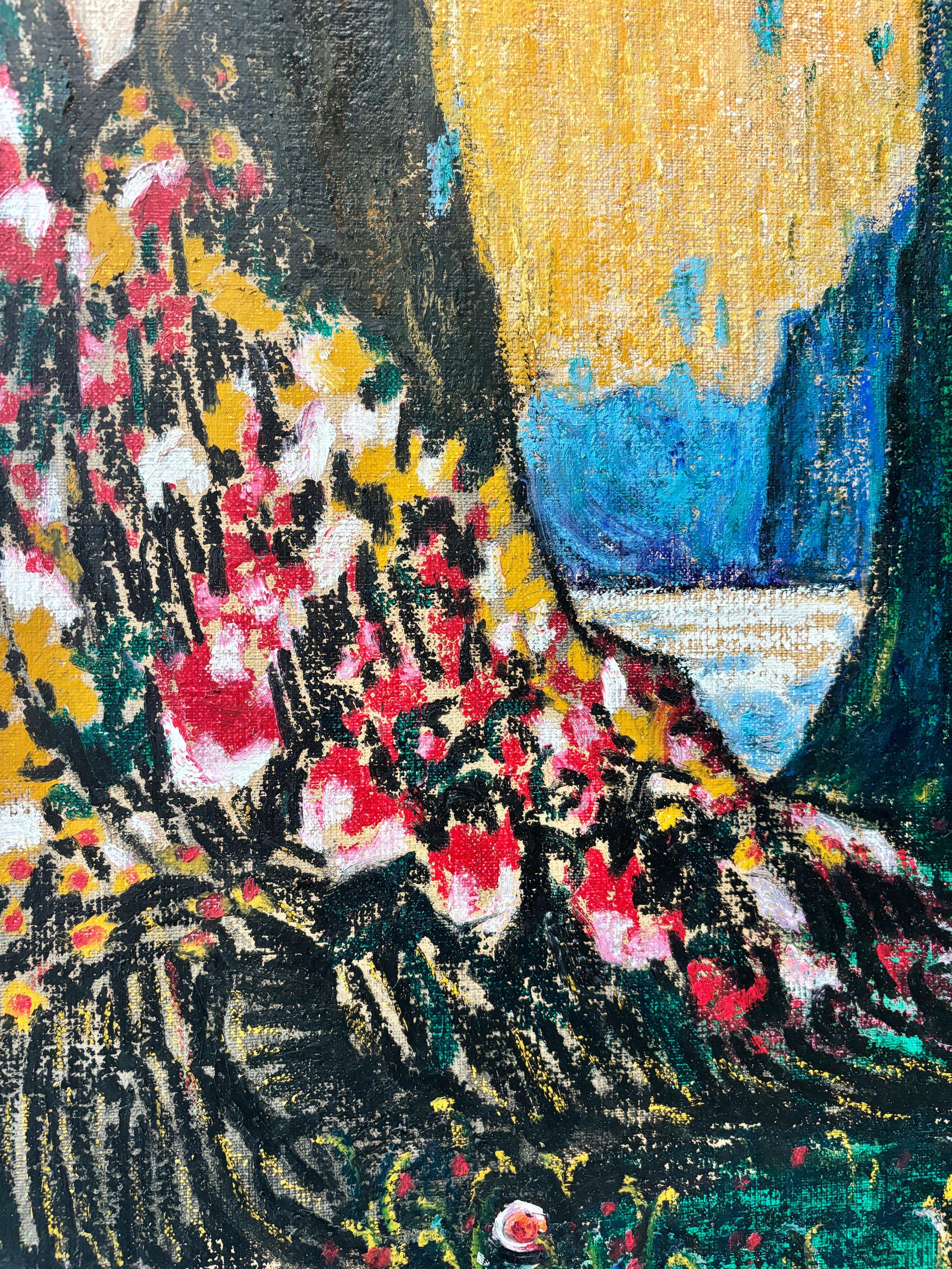 „Dawn“, Öl auf Leinwand, figuratives Gemälde, gesprenkelte See- und Berglandschaft im Angebot 3