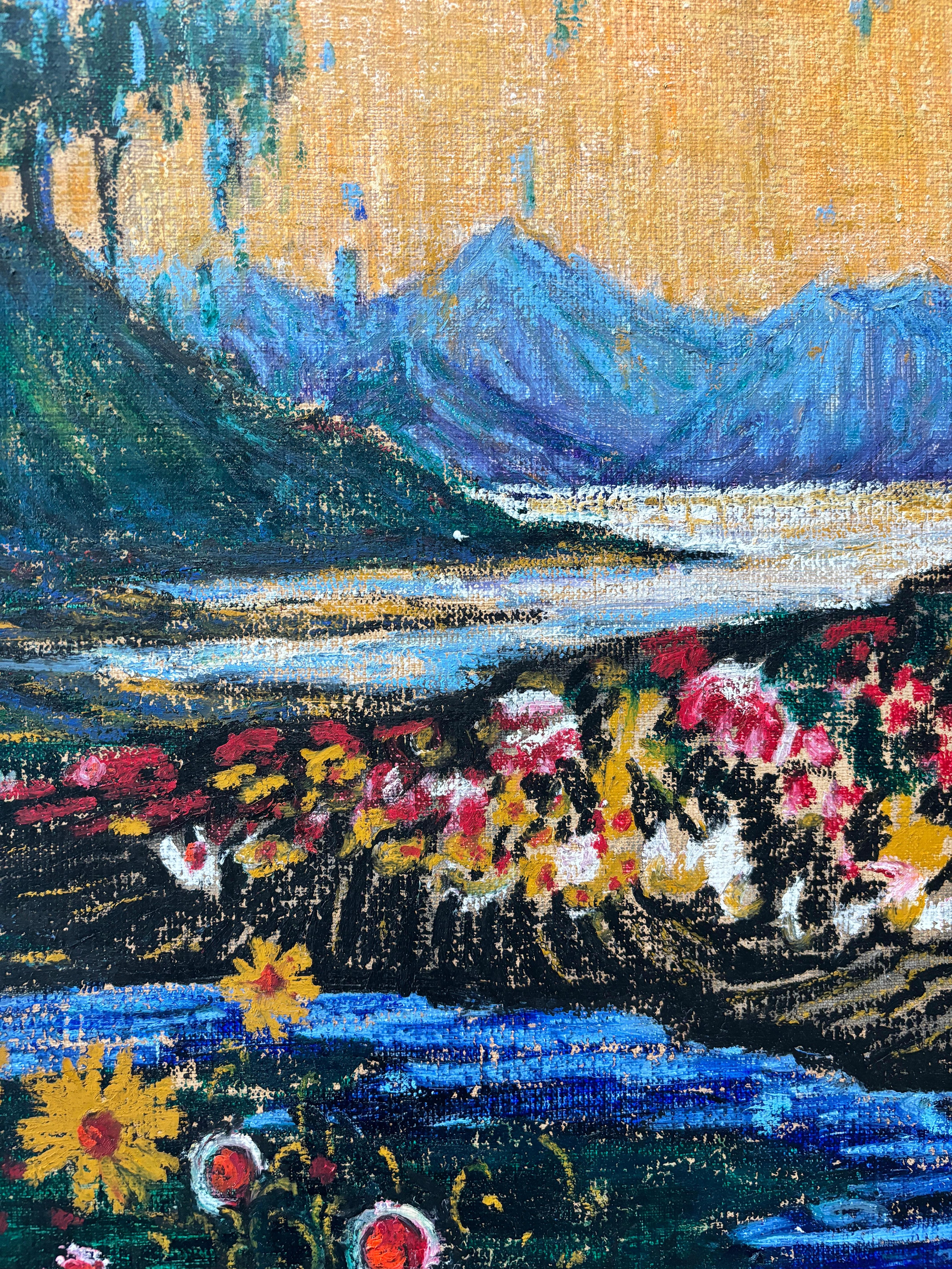 „Dawn“, Öl auf Leinwand, figuratives Gemälde, gesprenkelte See- und Berglandschaft im Angebot 4