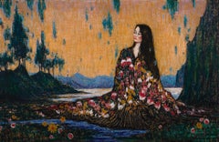 "Dawn" oil on canvas figurative painting, stippled lake and mountain landscape