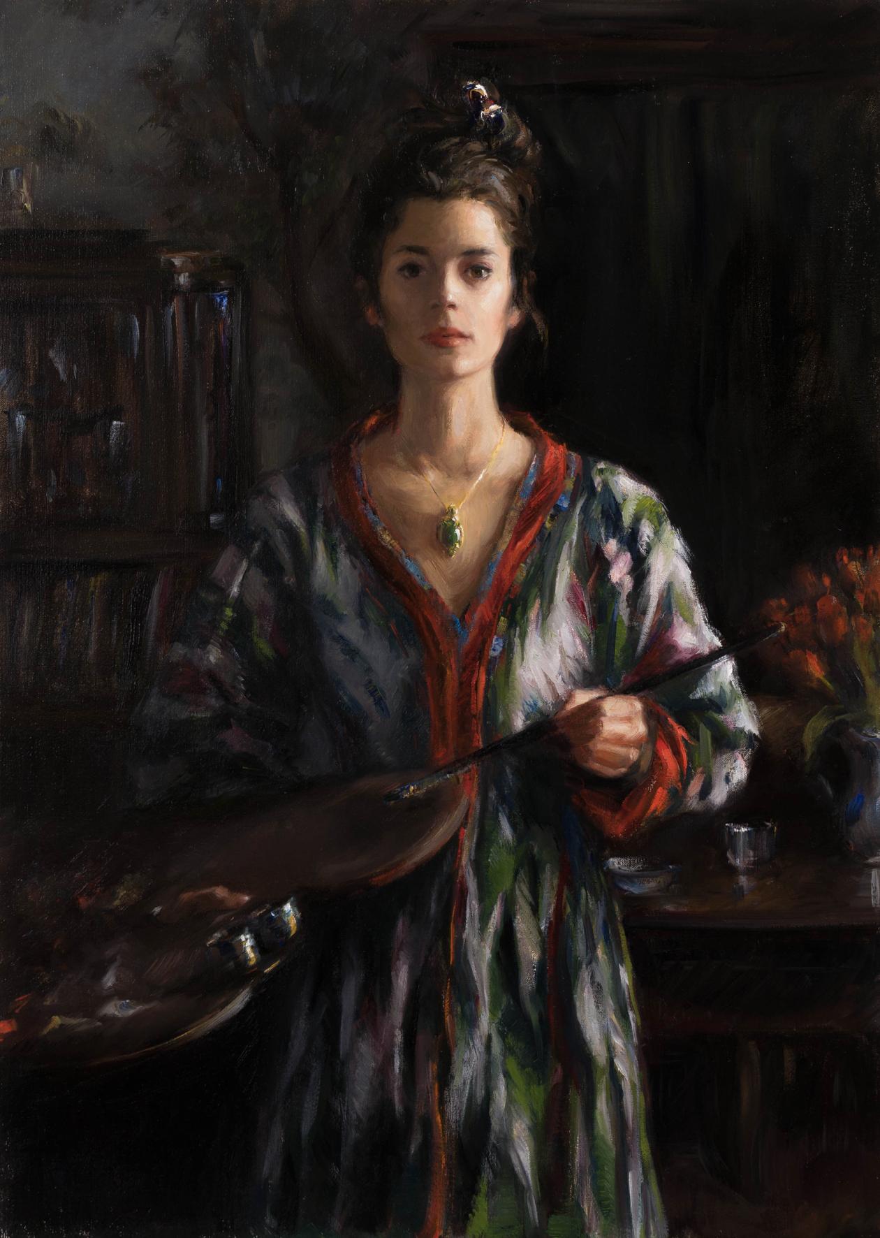 Portrait Painting Tina Orsolic Dalessio - "Departure", autoportrait réaliste de style 19e siècle par l'artiste croate. 