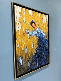 "Dreams" Oil painting, woman in blue gown amidst golden wheat abstraction