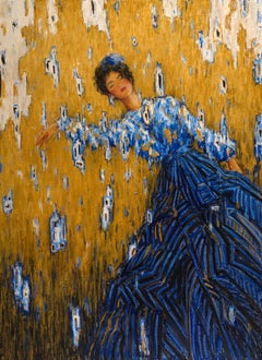 "Sogni" Pittura a olio, donna in abito blu in mezzo a grano dorato astrazione