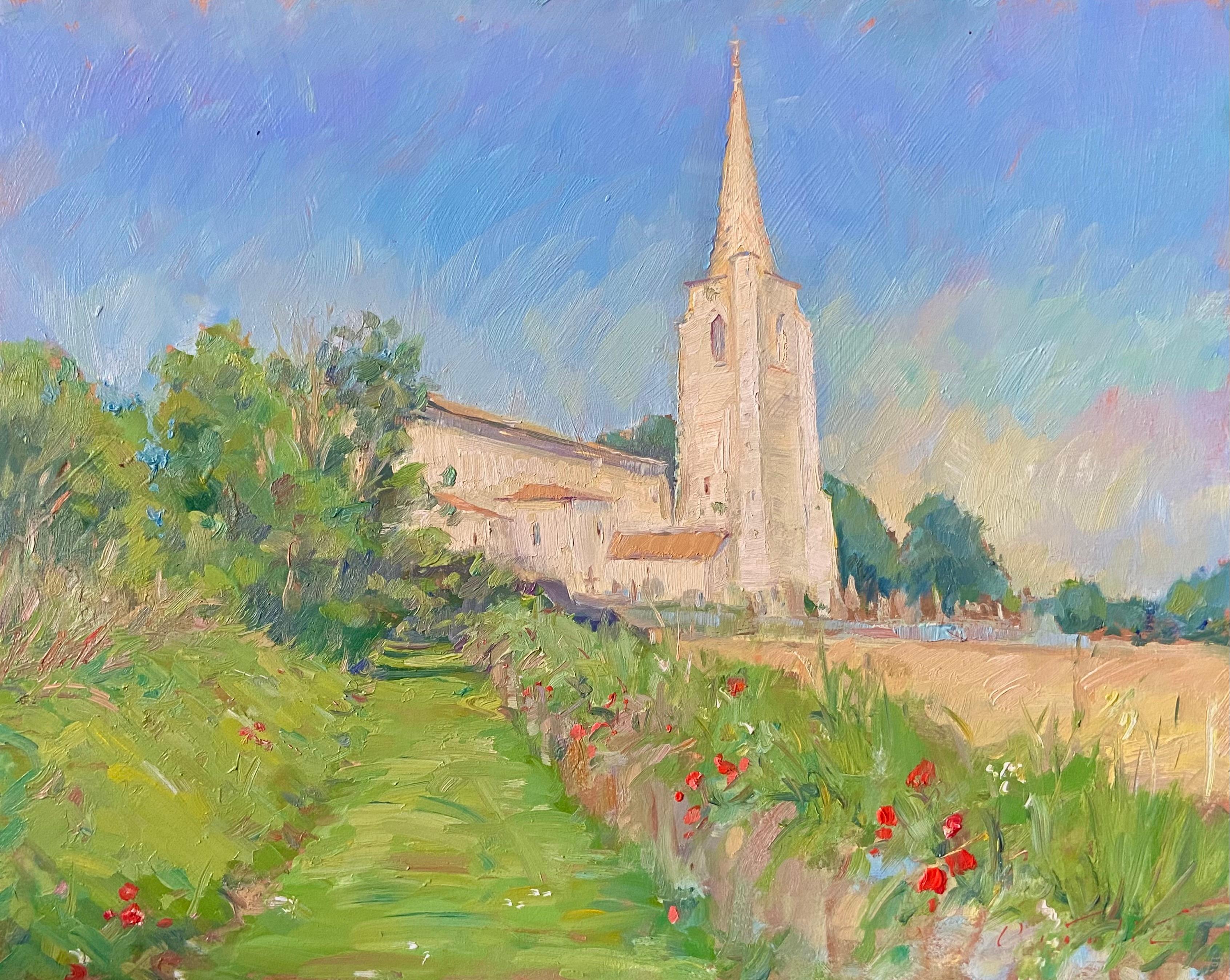 Tina Orsolic Dalessio Landscape Painting - "Eglise Saint-Jean Baptiste" Oil painting, impressionist,  plein air, France