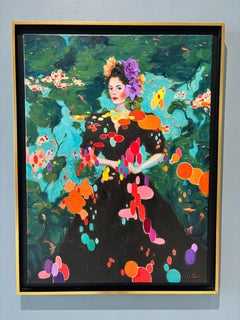 "Forest Bathing" oil painting of ornate woman and pattern drawn from Koi pond